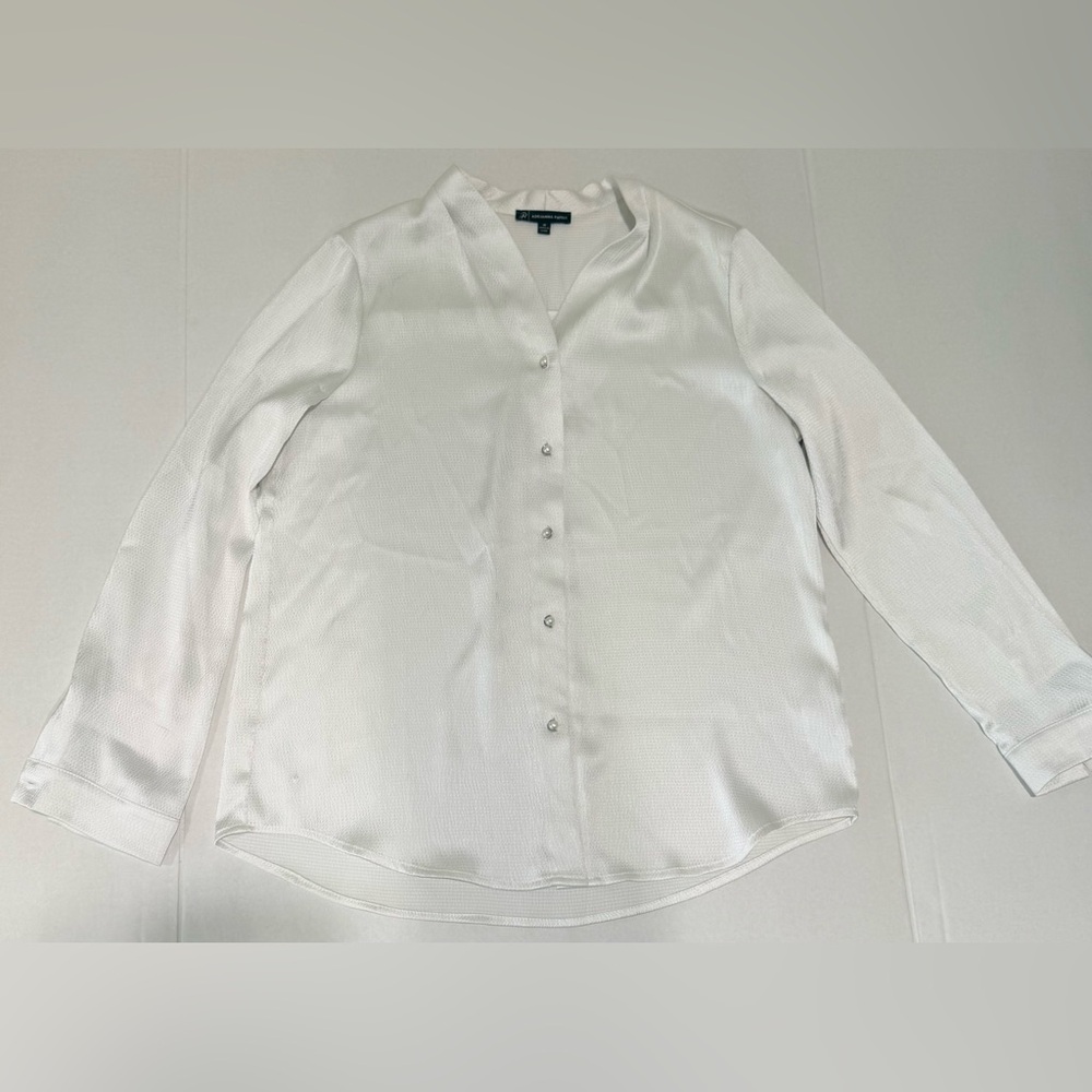 Adrianna Papell White Satin Button-Front Work Blouse | Size Medium